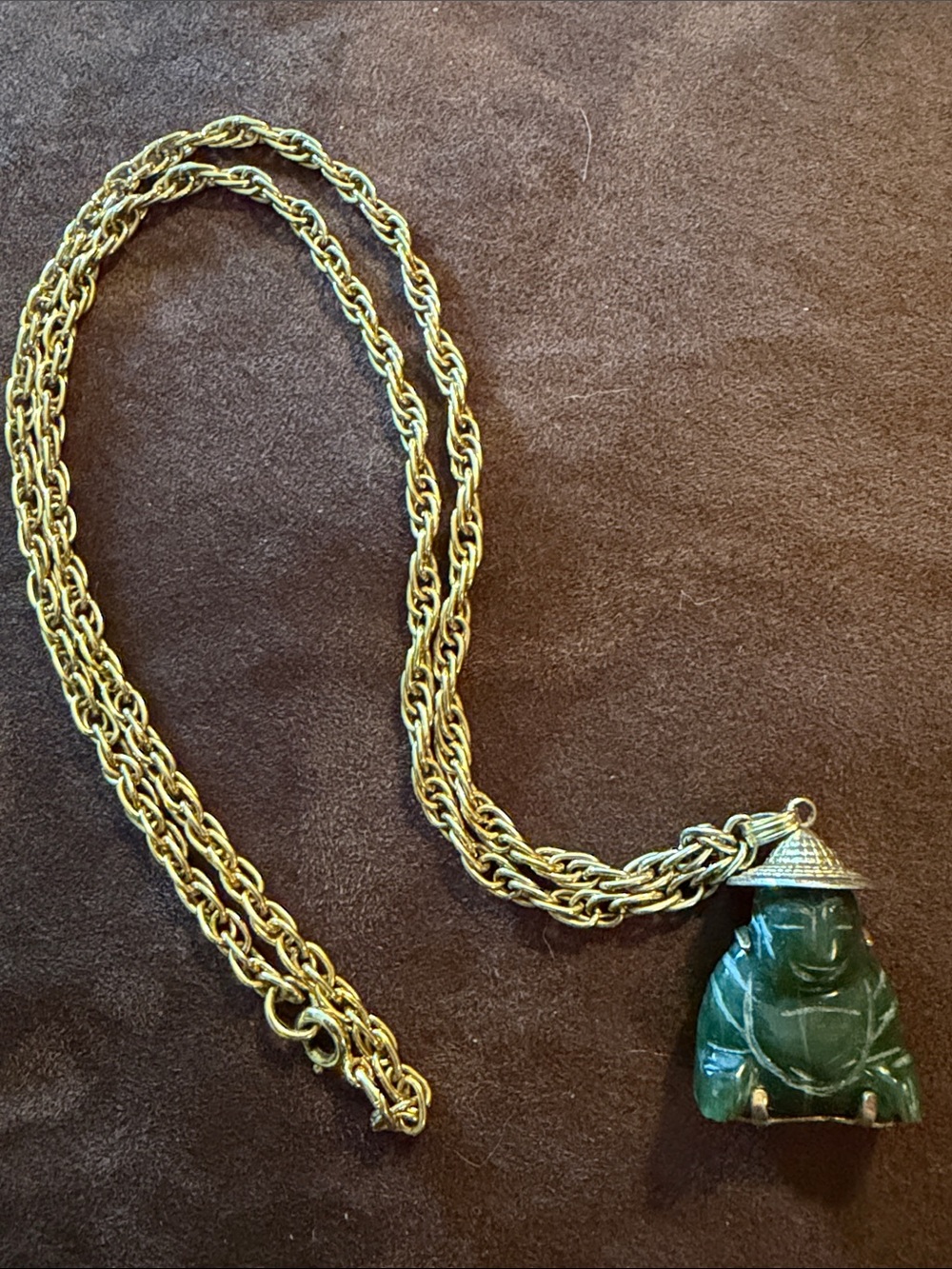 Vintage Jade Green Buddha Pendant on a Goldtone Wheat Chain